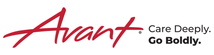 Avant logo with tagline Avant. Care Deeply. Bo Boldly.